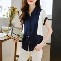 elegant womens button shirt summer new fashion korean contrasting colors spliced polo neck blouse short sleeve female clothing