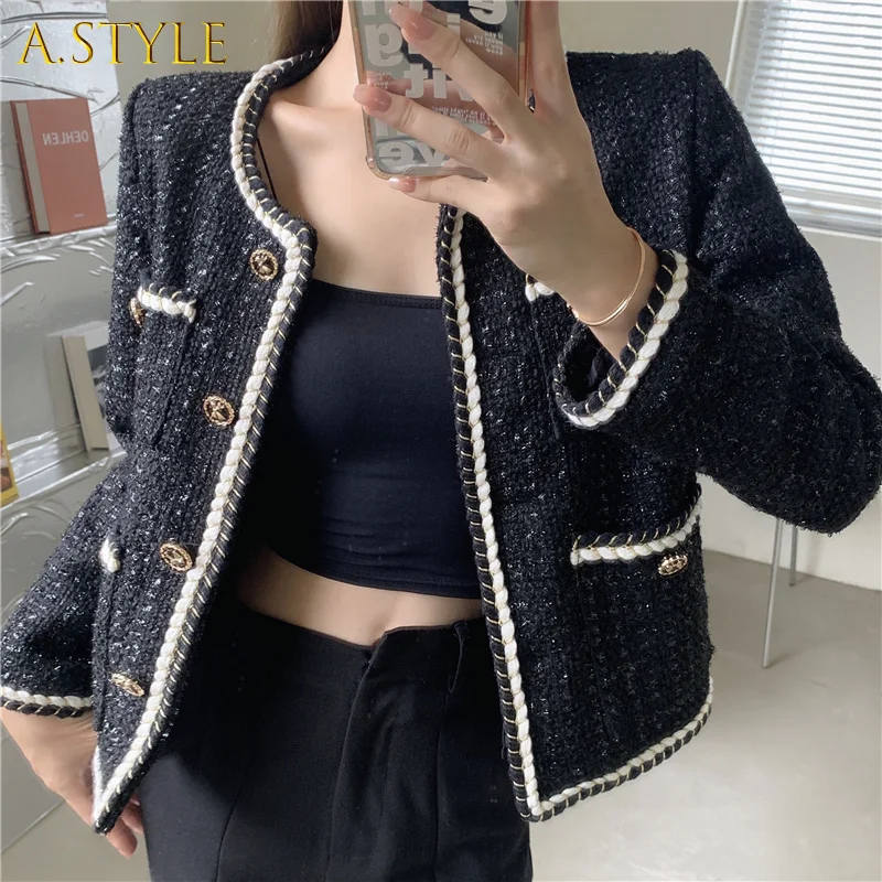 

Подиумное весеннее французское женское универсальное роскошное шикарное шерстяное черное кружевное лоскутное пальто с маленьким запахом ...