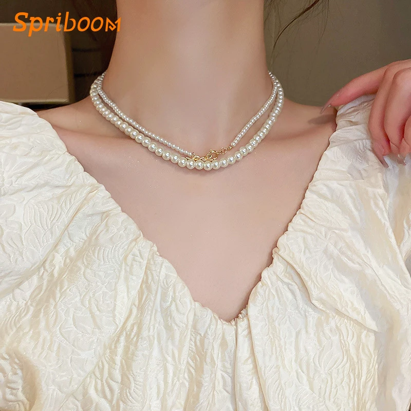 

2 Pcs Simple Pearl Neckalces French Retro Elegant White Freshwater Pearls Short Choker Ladies Wedding Charm Banquet Jewelry Gift