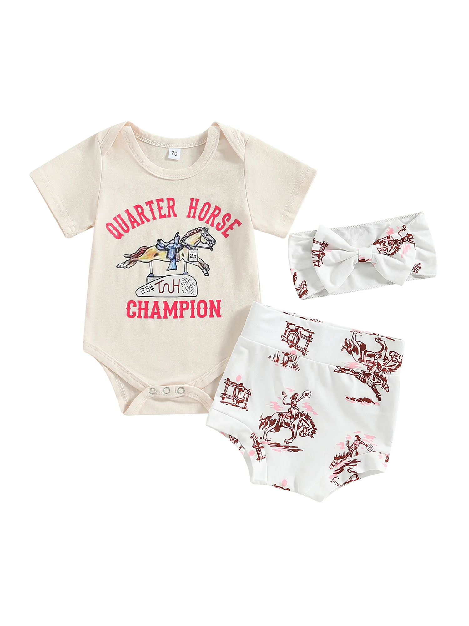 

Летний комбинезон для маленьких девочек, комбинезон с коротким рукавом и принтом лошадей и эластичные шорты, комплект с повязкой на голову