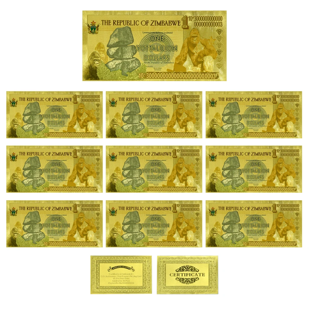 

10pcs/lot Zimbabwe One Yottalilion Dollars Gold Foil Banknotes Zimbabwe Souvenir Paper Money Art Ornaments for Collection