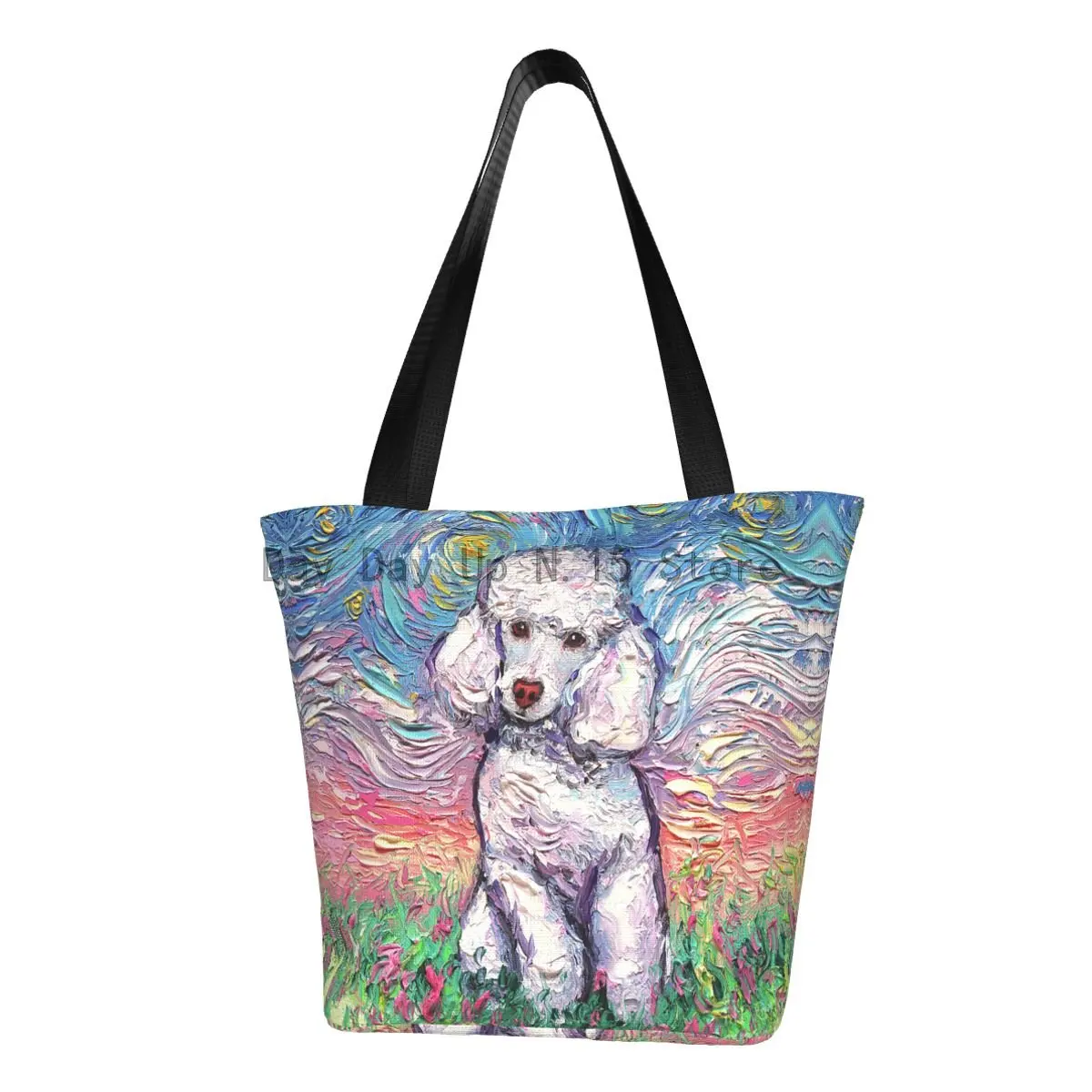 

Funny Print Starry Night Poodle Tote Shopping Bags Recycling Canvas Shopper Shoulder Pet Dog Lover Handbag