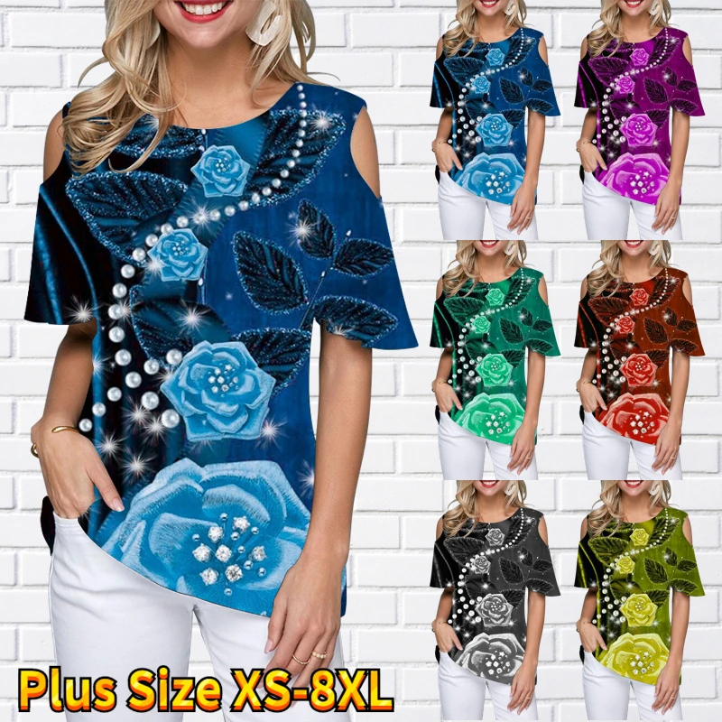 

Летний пуловер с принтом, новый дизайн, Женская Короткая свободная футболка с открытыми плечами, сексуальный ретро Топ с круглым вырезом, фу...