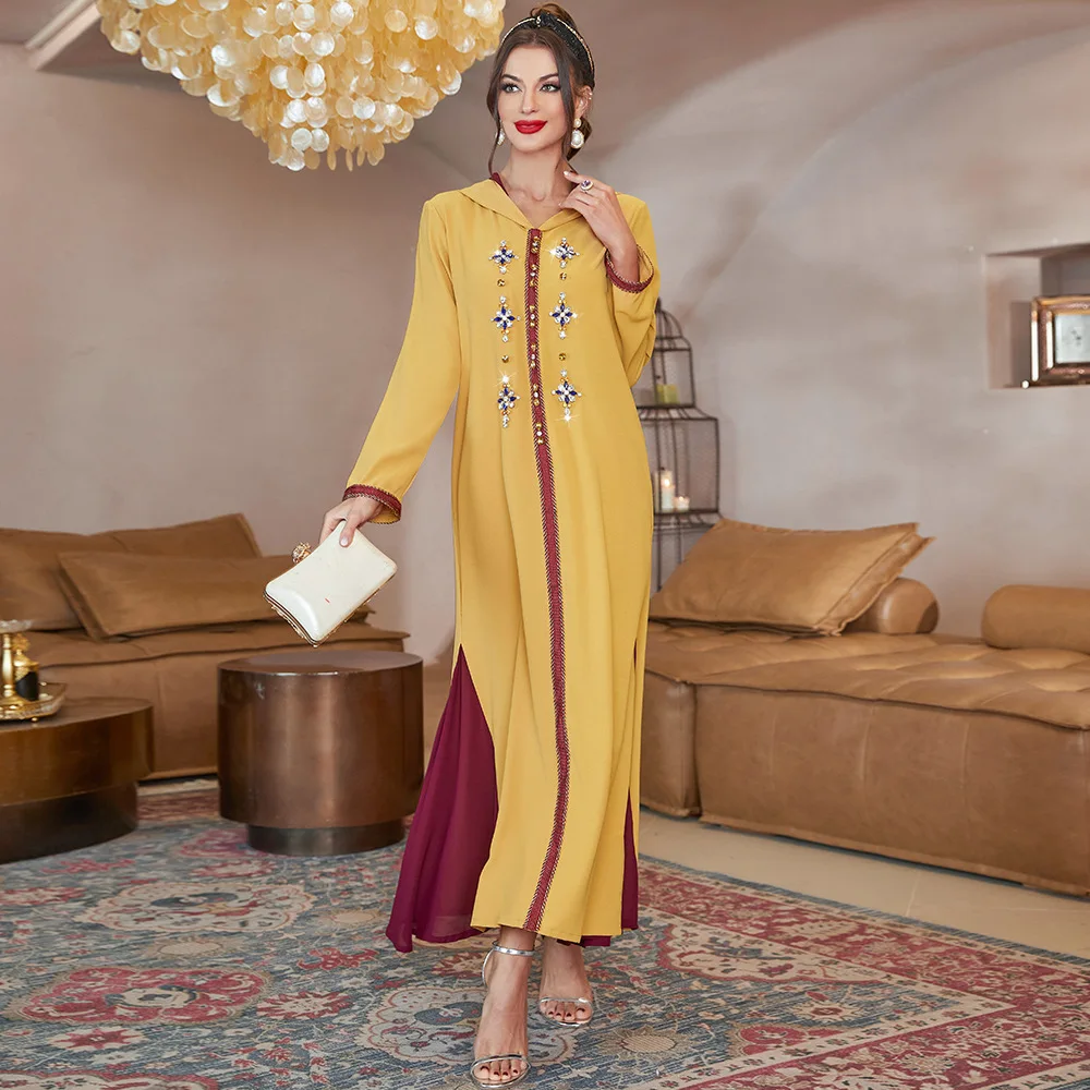 Djellaba Yellow Abaya Dubai Evening Dresses for Muslim Women Handwork Diamond Caftan Marocain Robe Arabe Femme Musulman Vestidos