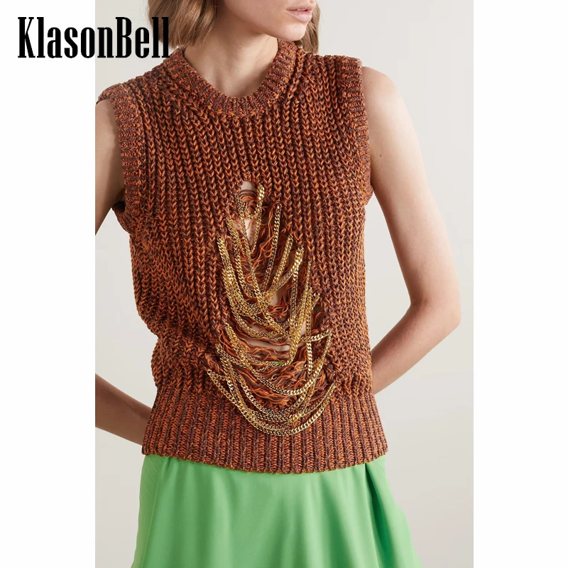 

9.3 KlasonBell Luxury American Retro Hollow Out Hole Tassel Chain Knitted Sleeveless Slim Sweater Vest Women
