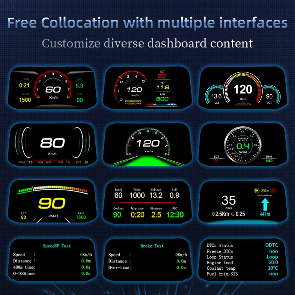 

Black Silver OBD2 Cable Car HUD GPS Navigation OBD2 Speedometer HD Display Brake Test Clear Fault
