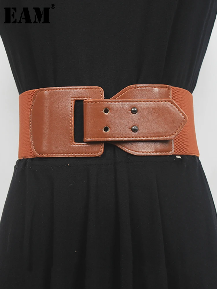 

[EAM] Pu Leather Camel Irregular Long Wide Elastic Belt Personality Women New Fashion Tide All-match Spring Autumn 2022 1DE6250