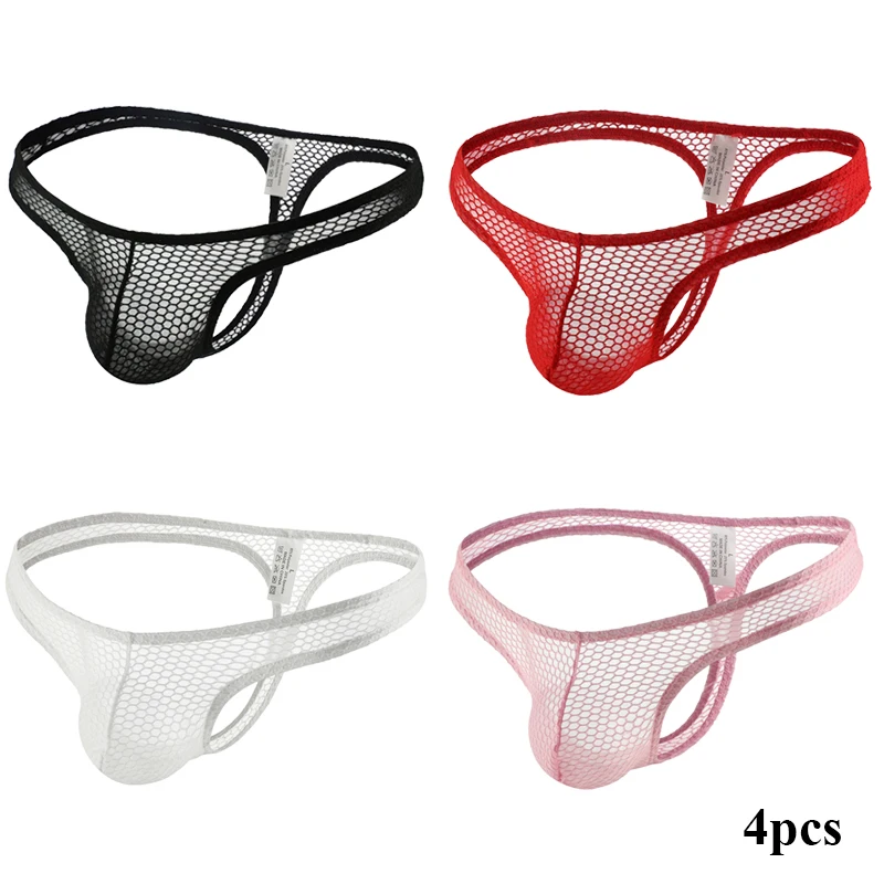 

4pcs Men's Sexy Mesh Underwear See Through Briefs Transparent Fishnet Thong Exotic Lingerie U Convex G String T Back Hombre