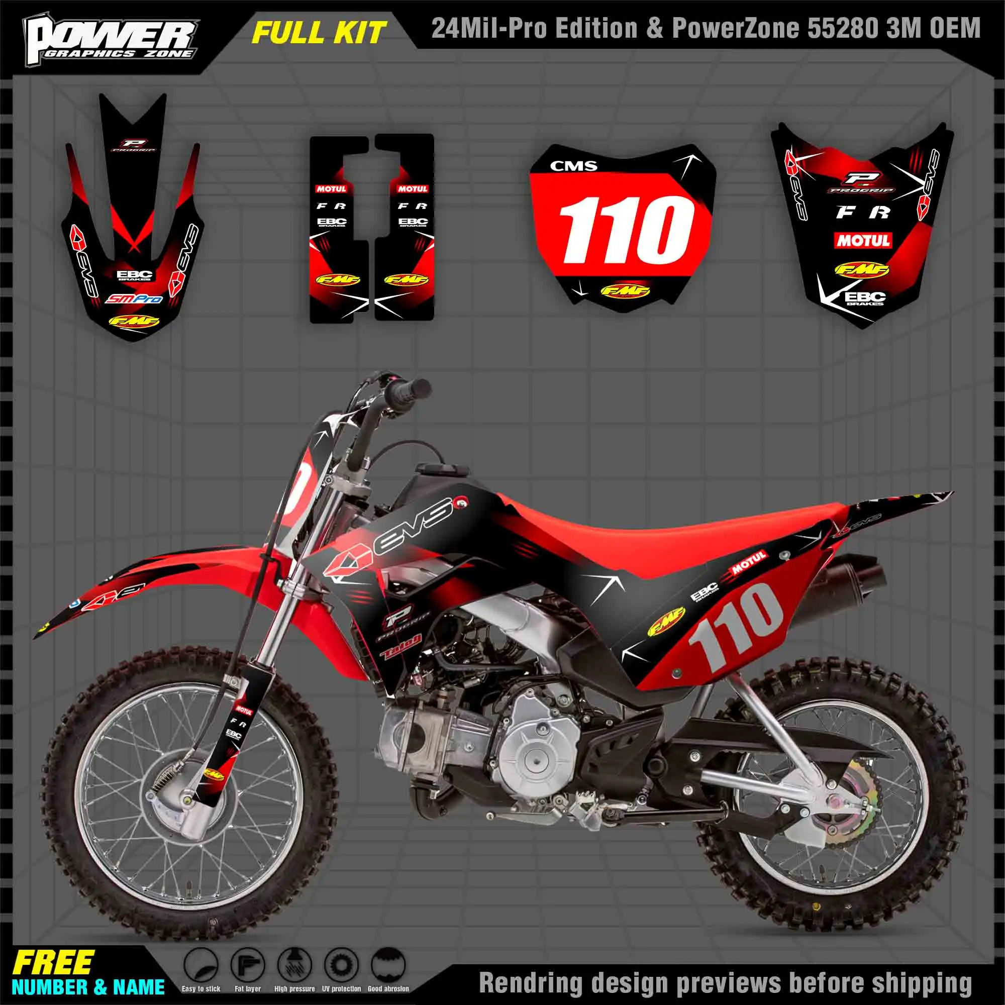 

PowerZone Custom Team Graphics Backgrounds Decals 3M Stickers Kit For Honda CRF 110F 2019-2021 006