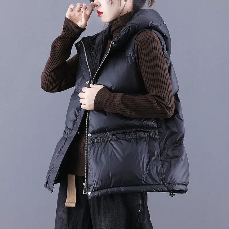 

Down Cotton Short Vest Coat Autumn Winter Korean Casual Sleeveless Gilet Femme Zipper Hooded Waistcoat Solid Color Cardigan