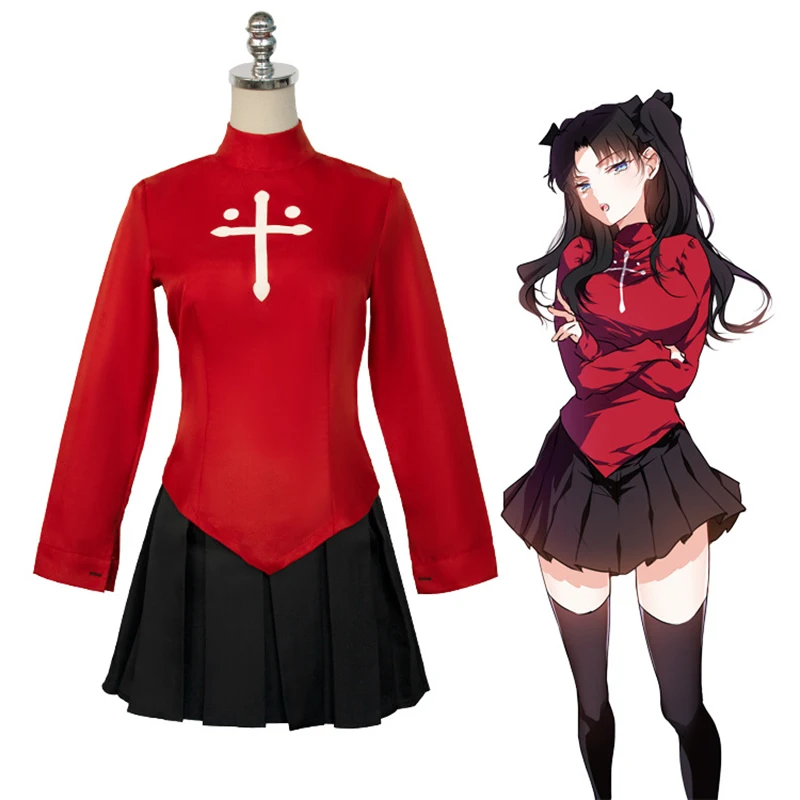 Фото Fate Stay Night Tohsaka Rin Аниме Косплей Костюм Комплект - Красная Рубашка Юбка Женское Платье на Хэллоуин с Головным Убором для Ролевых Игр №3