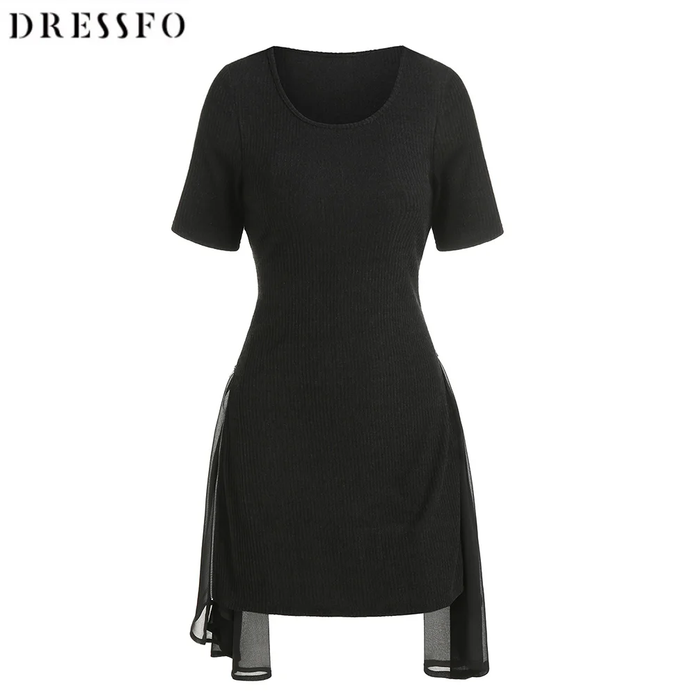 

Dressfo Women Mini Dress Plain Ribbed Tee Dress Knitted Chiffon Panel Zipper Solid Color Asymmetrical T-shirt Round Neck Dress