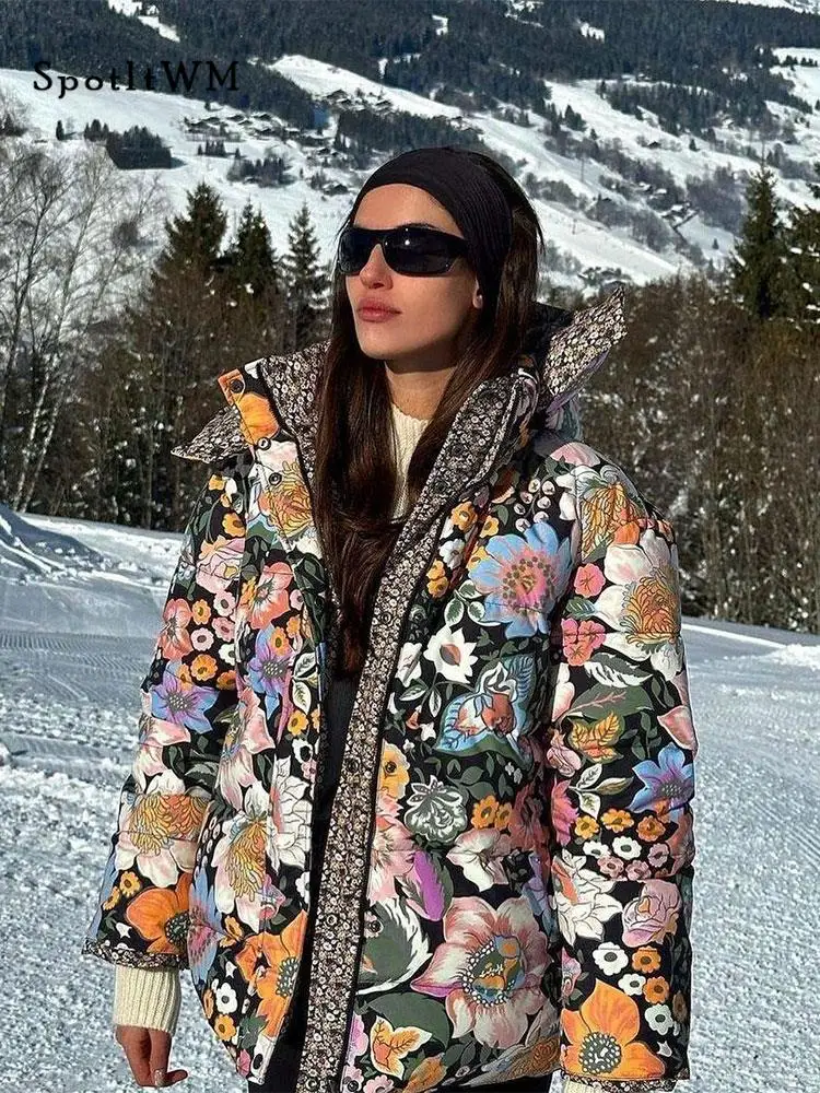 

Women Fashion Flower Printed Cotton Jacket 2023 Autumn Vintage Contrast Long Sleeve Warm Overcoat Casual Thick Lady Streetwear