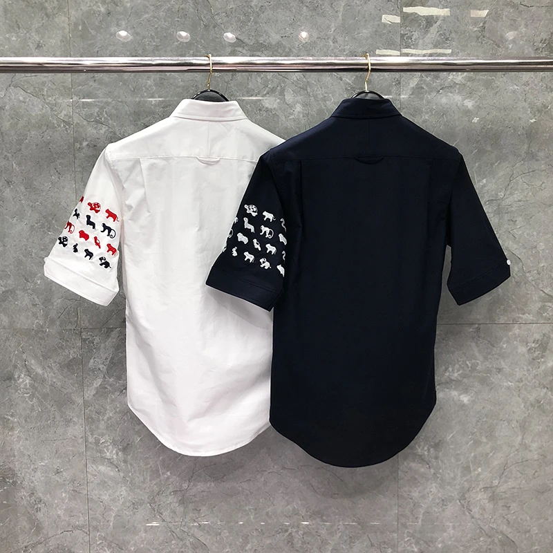 TB THOM Men's Shirt Summer Animal Embroidery Clothing Casual Oxford Slim Fit Short Sleeve Korean Breathable High Quality Tops