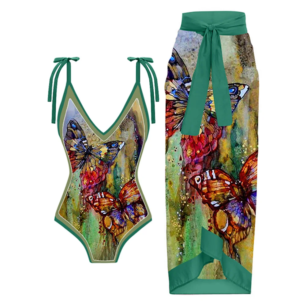 

Vintage Butterfly Print One-Piece Swimsuit Set V-Neck Ladies Push Up Brazilian Swimwear Bottom Beach Bathing Suit
