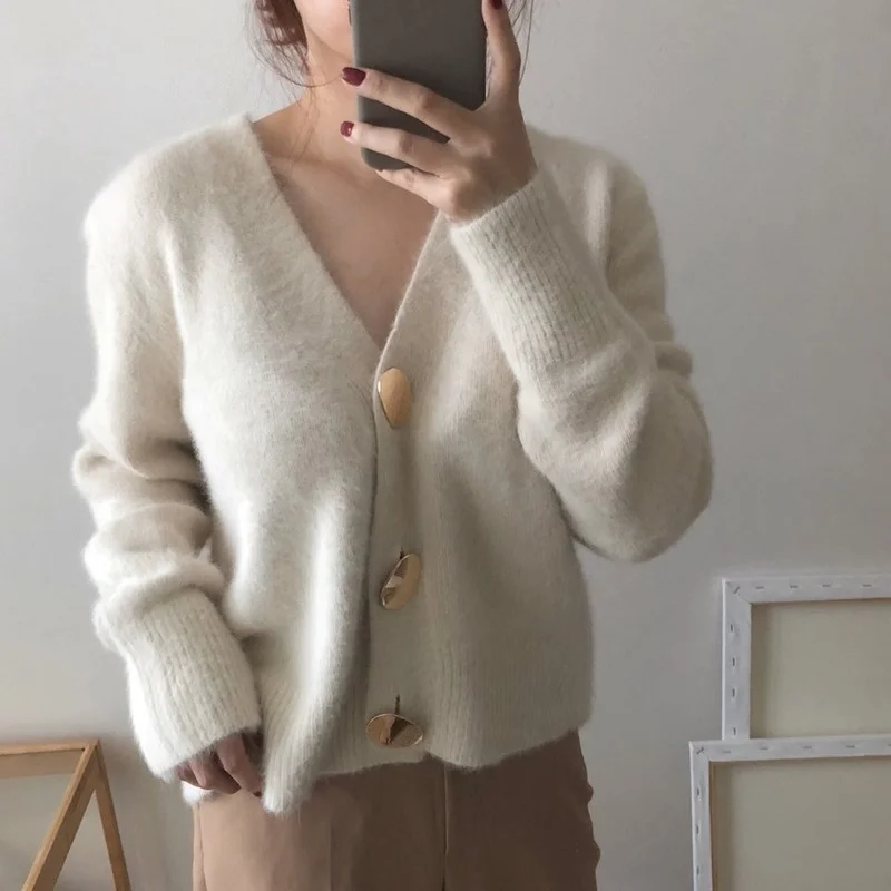 

Women Cardigans Mohair Thicken Warmth Jacket Single Button Jumper New Fashion Winter Korean Long Sleeve Knitted Sweater Autumn