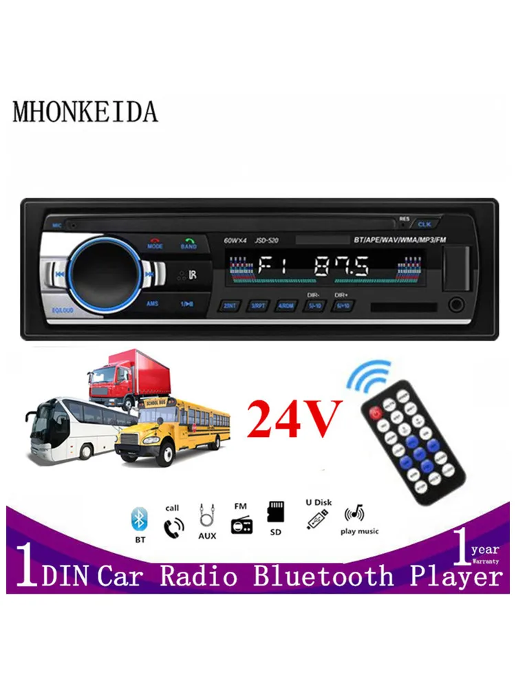 1 DIN 24V Car Radio Stereo Receiver Bluetooth MP3 Player FM Audio Music Radio With Remote Control USB/SD/AUX Card In Dash Kit In