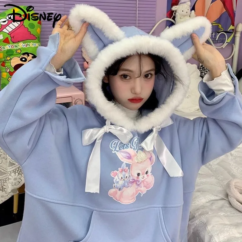 

Плюшевая толстовка с капюшоном и ушками Disney LinaBell, одежда для женщин, корейские милые пуловеры для девочек Y2k, модная свободная толстовка, Новые Топы