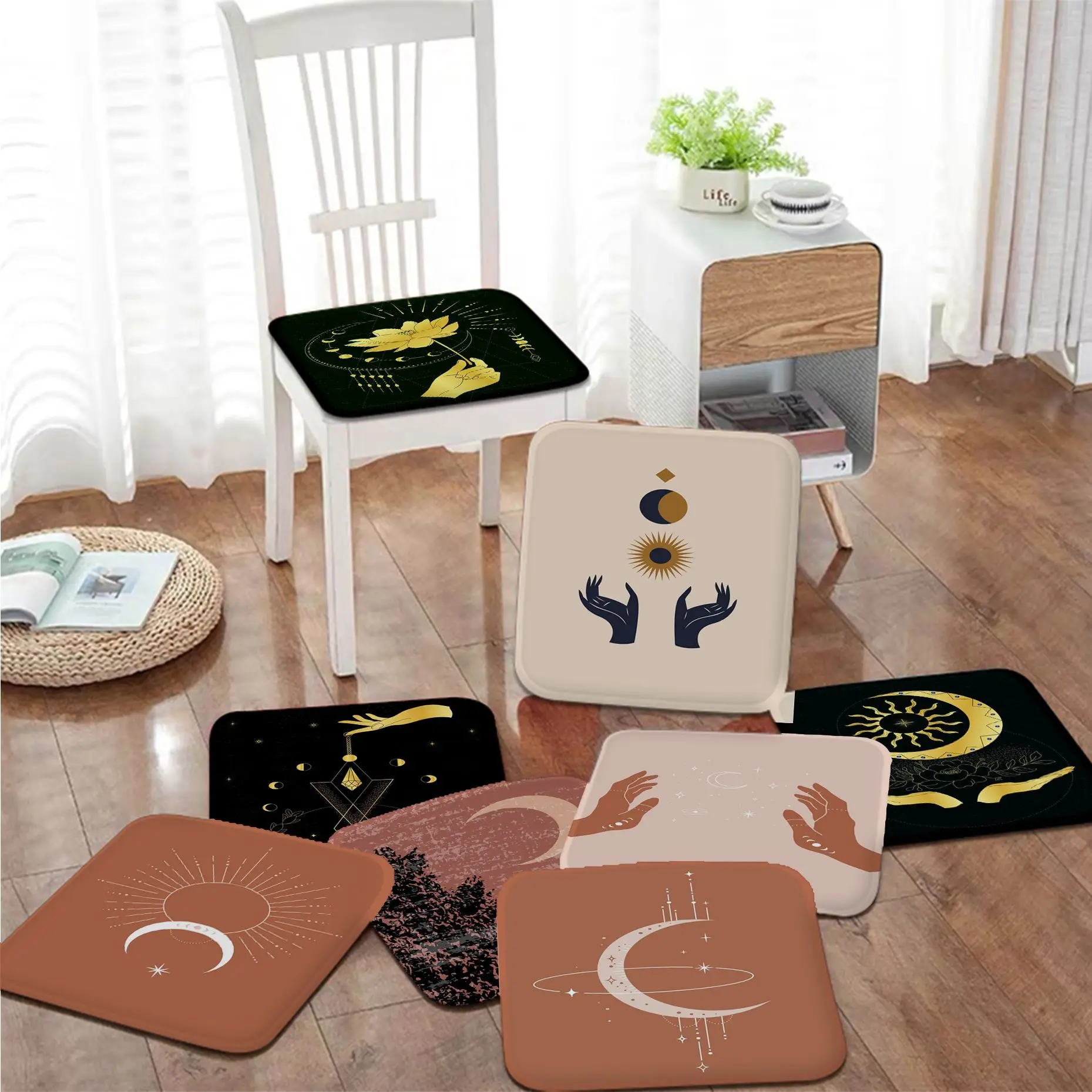 

Hand Sun And Moon Art Seat Cushion Office Dining Stool Pad Sponge Sofa Mat Non-Slip Sofa Cushion