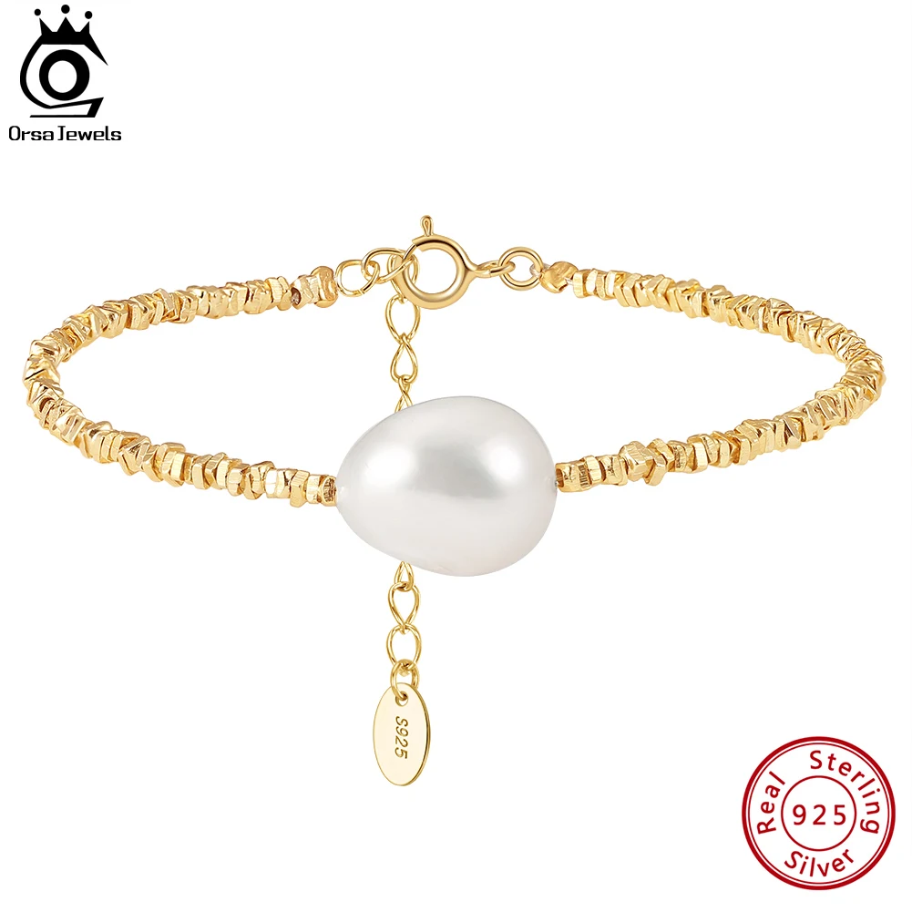 

ORSA JEWELS 925 Sterling Silver Fashion Nugget Chain Bracelet with Baroque Pearl for Women 14K Gold Pearl Bracelet Jewelry GPB19