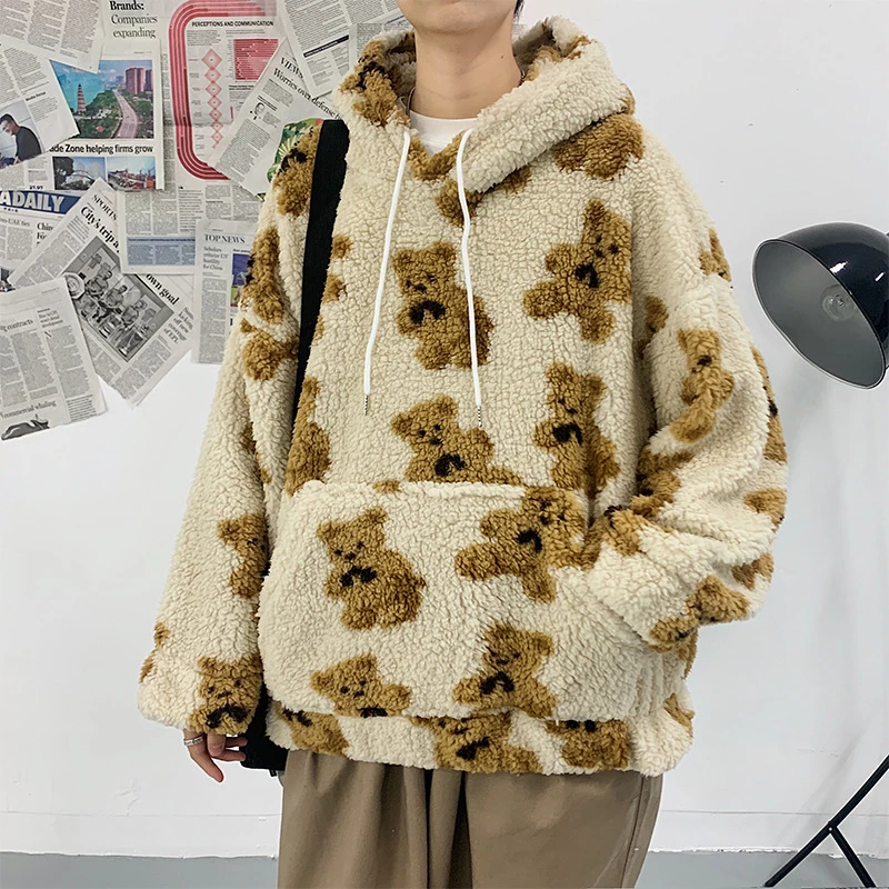 

Spring Men's Double-faced Fleece Hoodies Couples harajuku Fashion Bear Print Hoodie clothes lamb wool coat chandals hombre