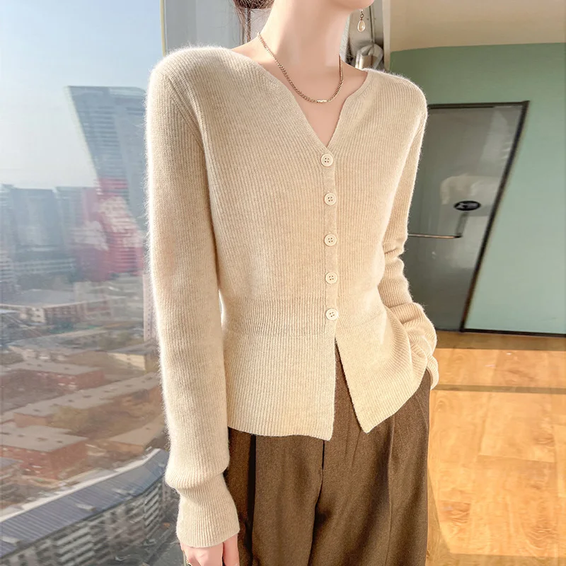 Однотонная Корейская блузка на пуговицах с V-образным вырезом новинка кардиган в