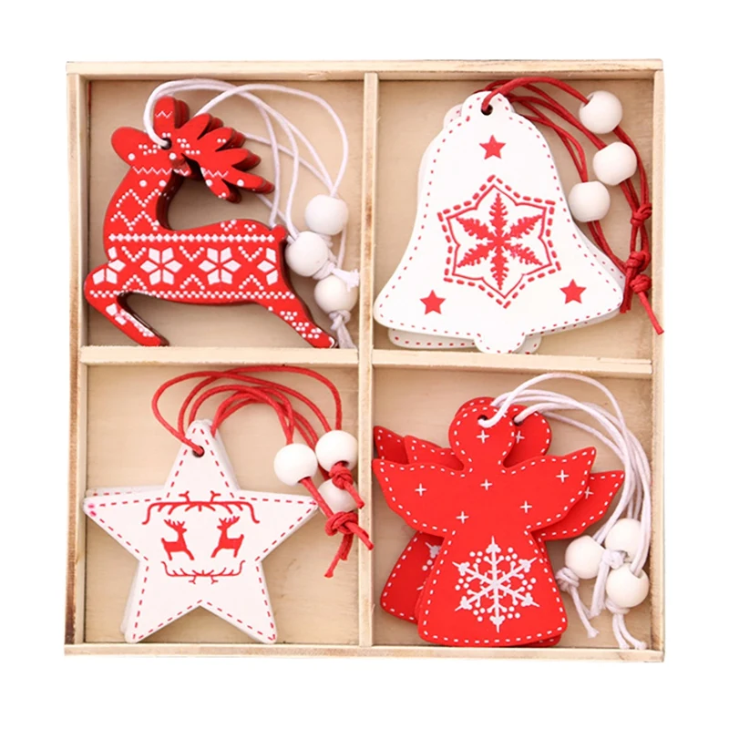 

12Pcs Christmas Wooden Pendants Xmas Tree Ornament Snowflake Pattern Home Decor