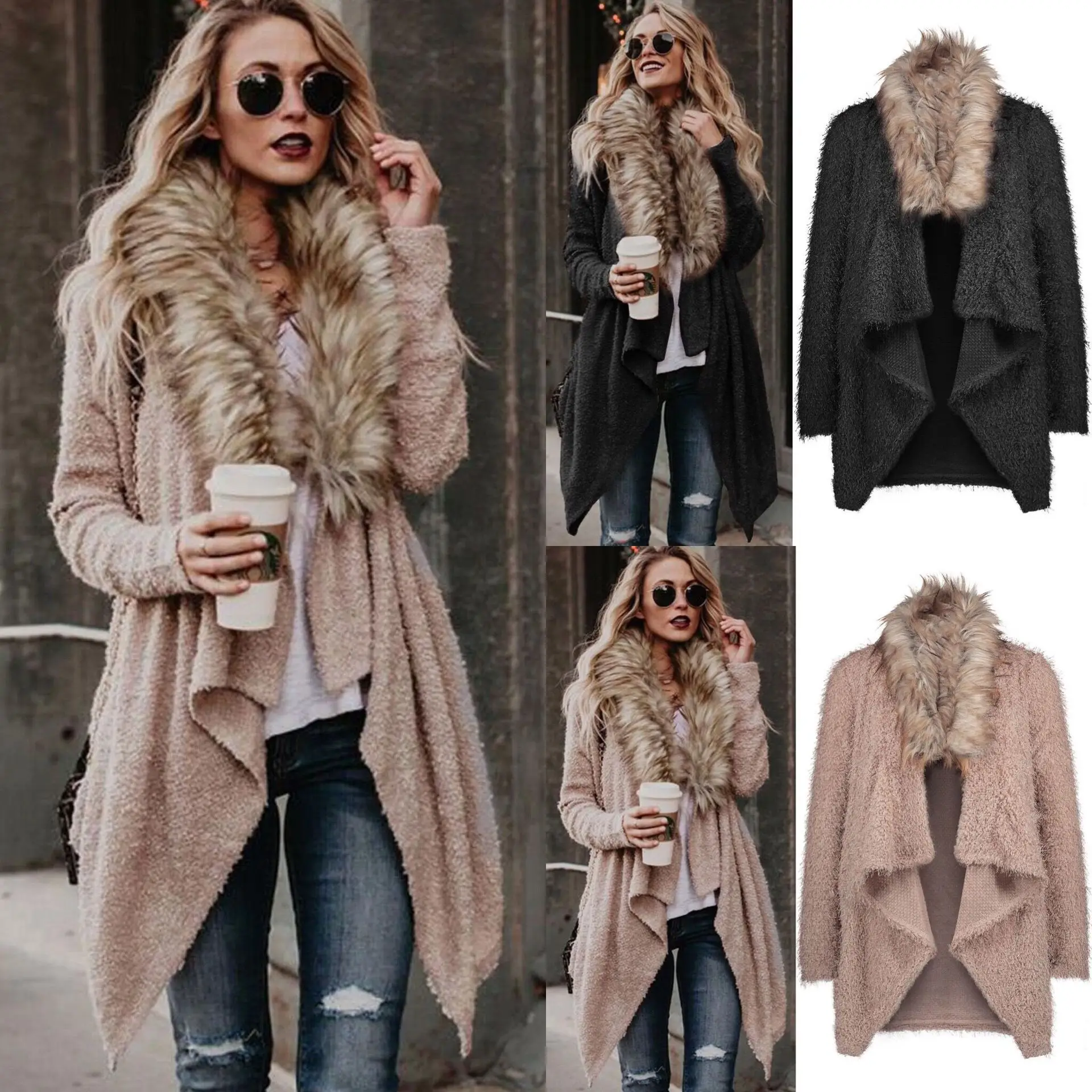 

2023 New Spring and Autumn Large Wool Collar Cardigan Knitted Sweater Coat