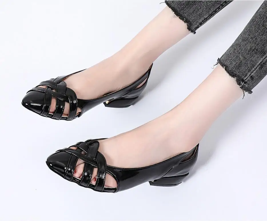 35-40 Summer new patent leather shoes children apartment weaving set flat shoes cut out boat shoes ladies pointed low heel shall