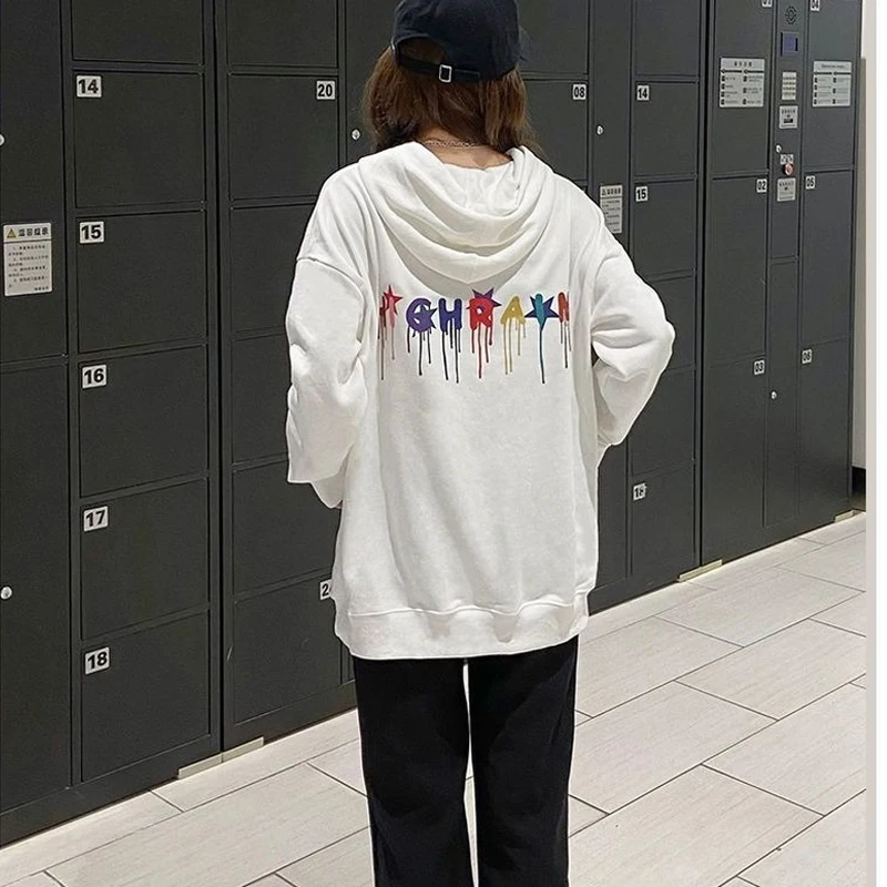 QWEEK Hooded Sweatshirts Kawaii Harajuku Pullover Oversized White Black Hoodie BF Preppy Style Couple Long Sleeve Outerwear Thin