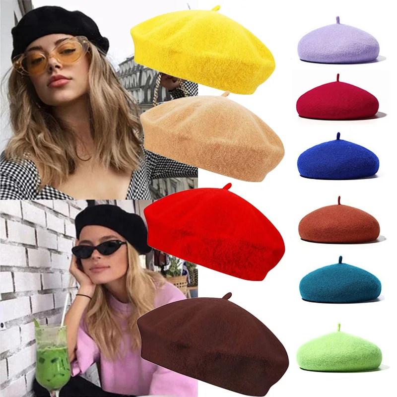 Однотонный винтажный берет унисекс шапки французский теплая шерстяная