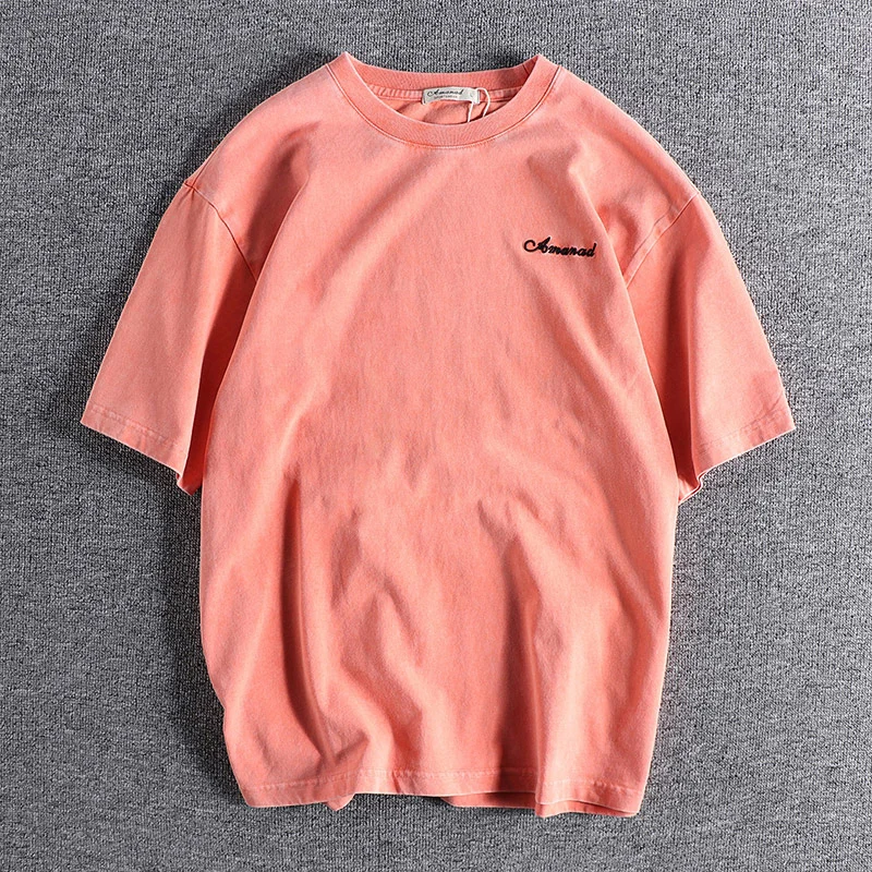

Embroidered lettering heavy wash worn khaki retro short-sleeved t-shirt man-made woven cotton loose fashion youth half-sleeved