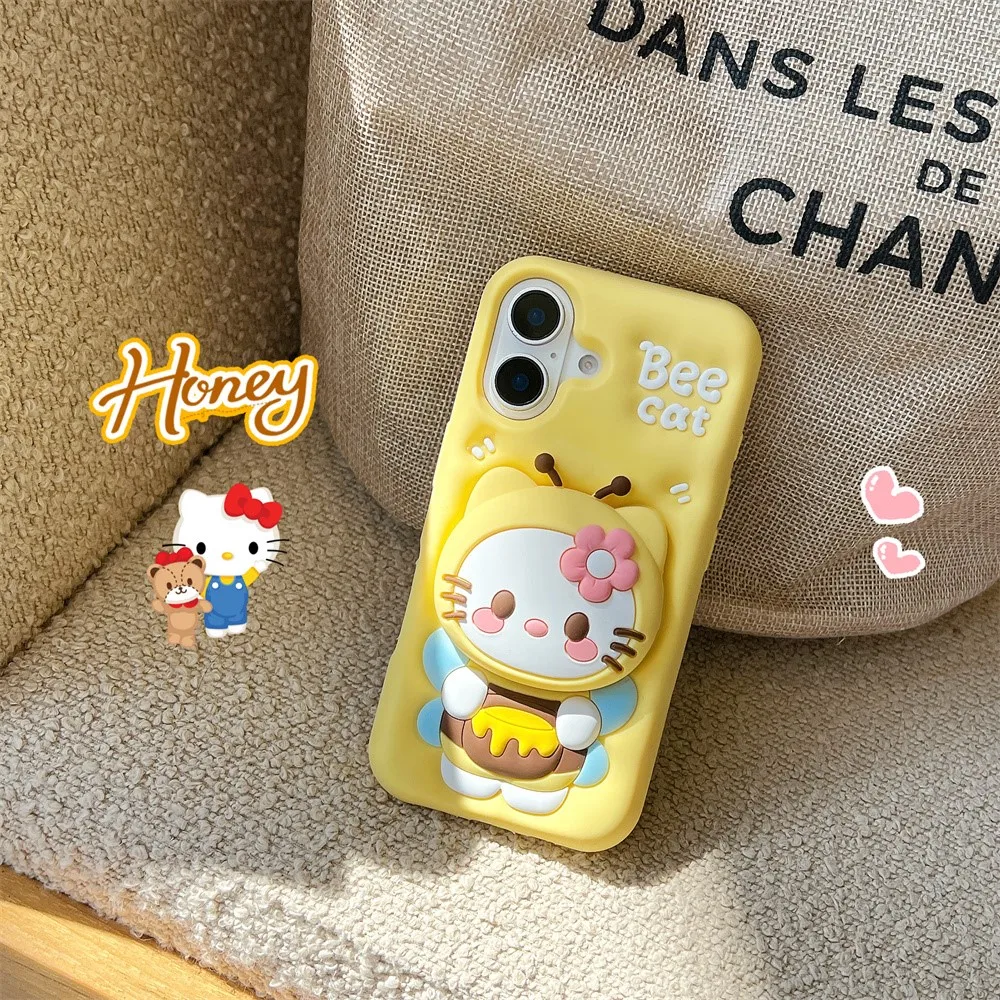 Для iPhone 15 12 Pro 16 13 14 Max Plus 11 XR 3D Bee Hello Kitty Face Grip Tok Holder Мультяшный силиконовый мягкий