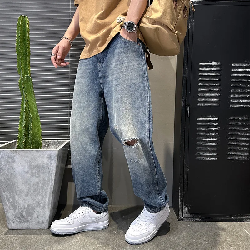 Street Fashion Men Jeans Retro Blue Loose Fit Hole Ripped Jeans Men Straight Trousers American Casual Wear Wide Leg Pants Hombre