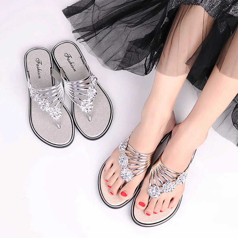 

Woman Sandals 2022 Summer Fashion Women Outdoor Flip Flops Slippers Rhinestone Flowers Closed Toe Shoes Woman Beach Slippers