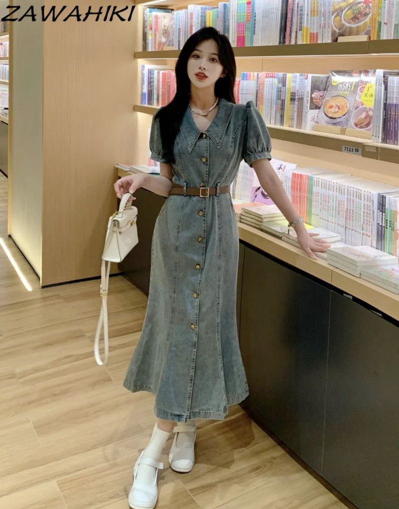 

Женское джинсовое платье с коротким рукавом, летнее однотонное платье-трапеция с высокой талией, длинное платье Питера Пэна, шикарный дизайн