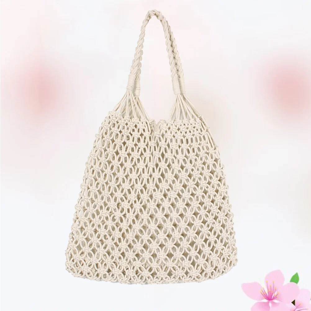 

Beach Mesh Knitted Tote Woven Women Cotton Straw Shoulder String Grocery Shopping Purse Travel Handbag White Reusable Packable
