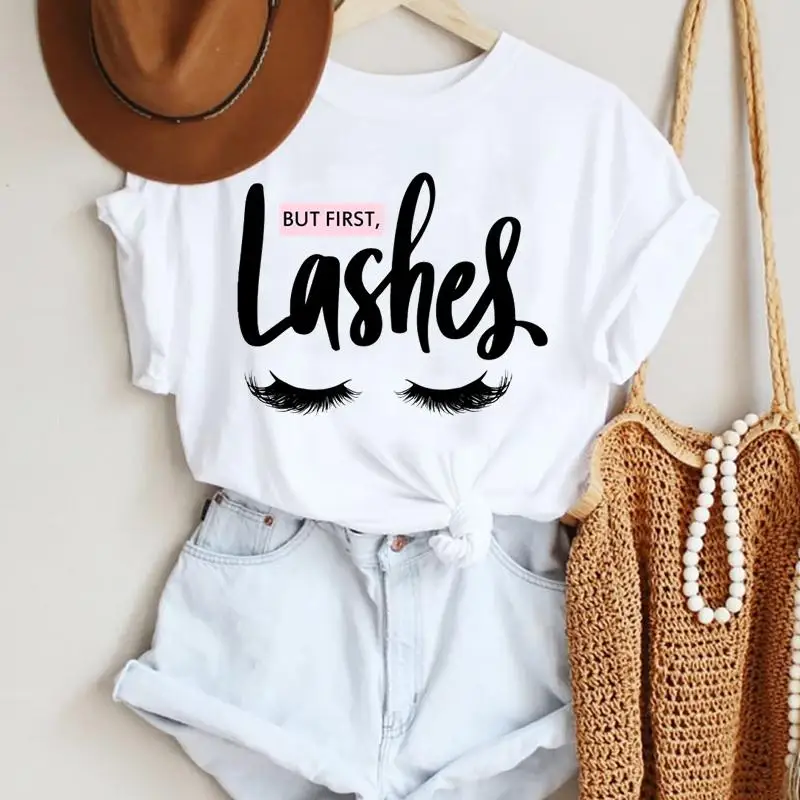

2021 Women Make Up Letter Funny New Eye Eyelash Fashion Cartoon Summer Lady Print Tee Stylish T Top Tshirts Clothes T-Shirt