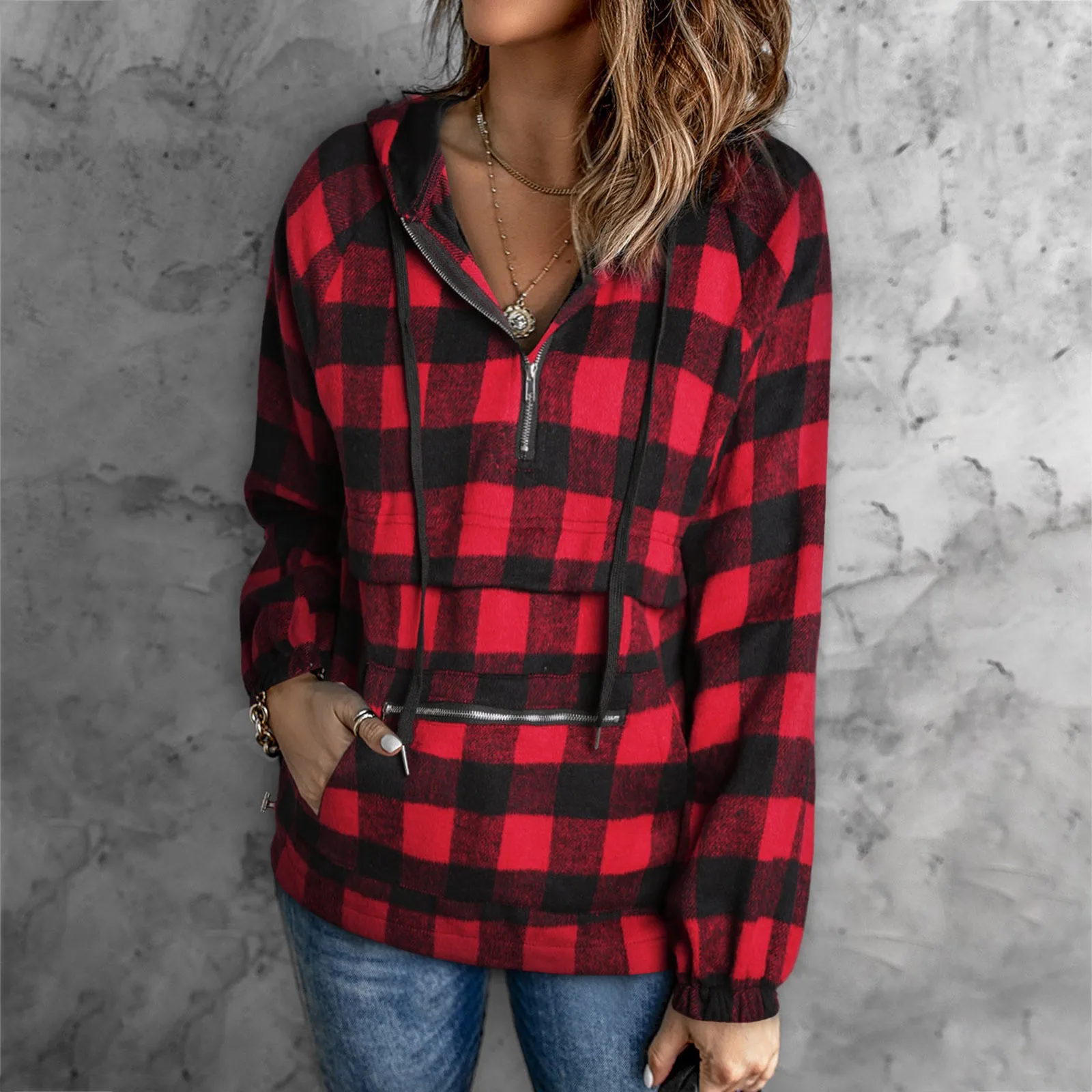 

Women's Red Checked Hooded Sweater Ladies Cotton Sweatshirts Women Plain Sweatshirt Hoodie Womens Quarter Zip Wool Sweater