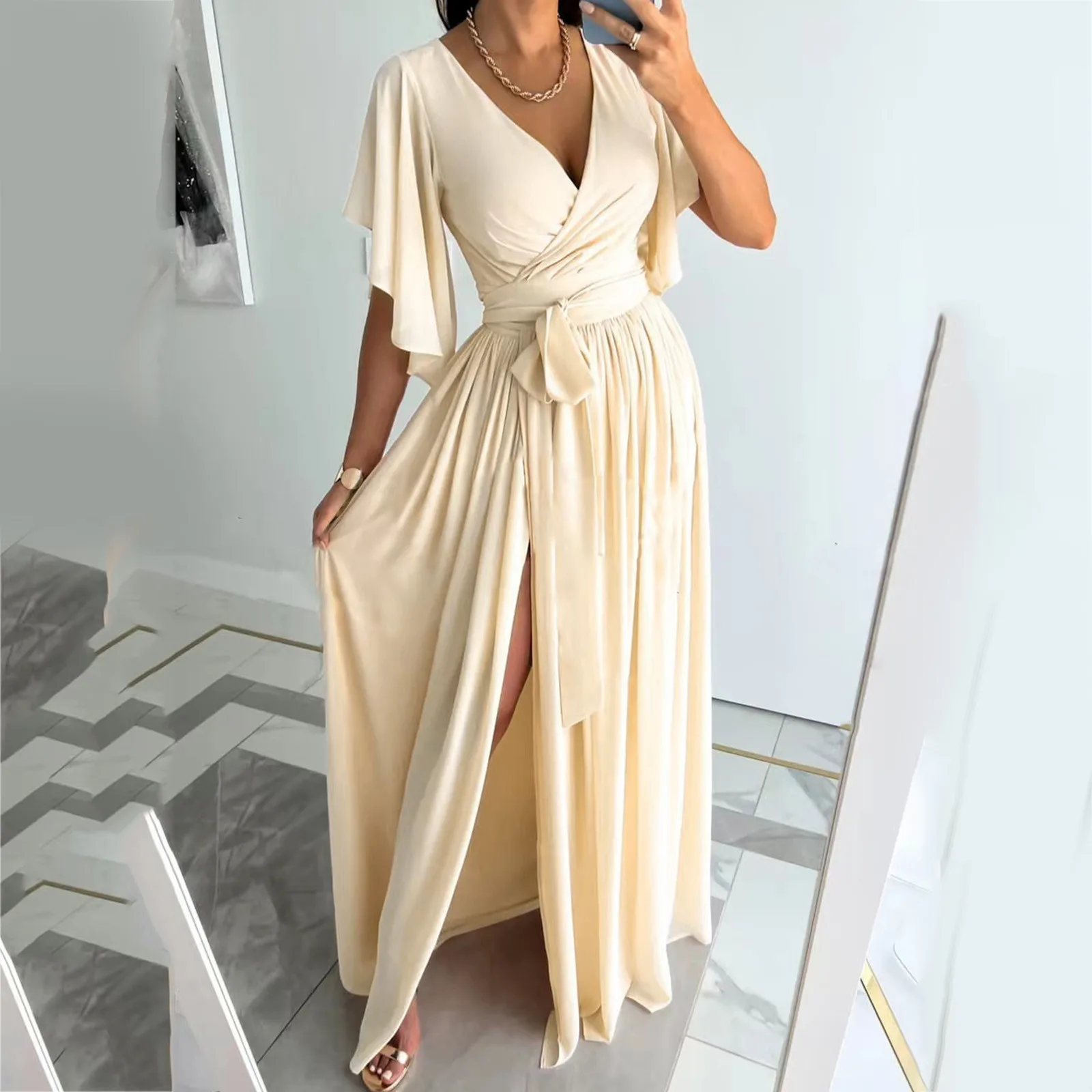 

Women Elegant Evening Dress Fashion Elegant Dress Party Festive Party Dress With Slit Tied Detail Bodycon Silm Long Dress