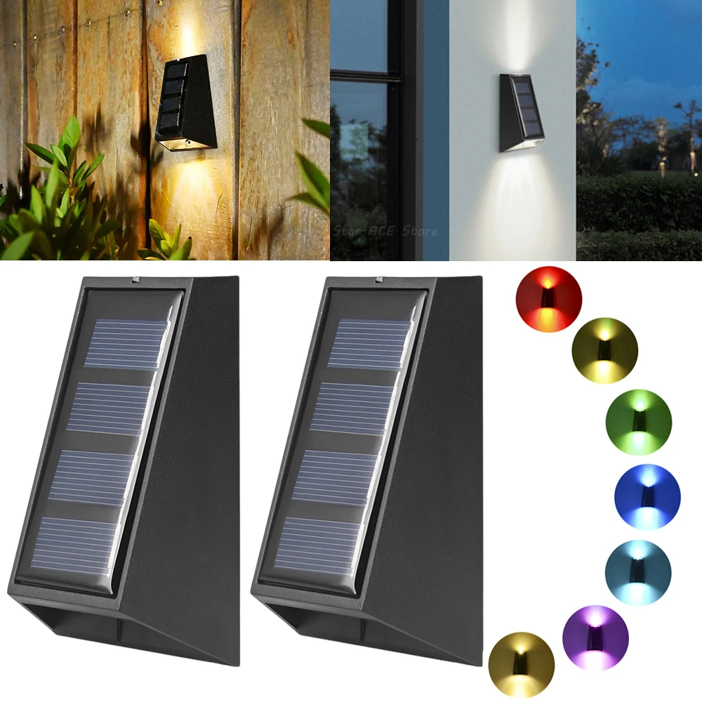 

2Pcs Solar Wall Lights Outdoor Fence Lights LED Waterproof Solar Stair Lights Up and Down 7 Color Changing Exterior Patio Lights