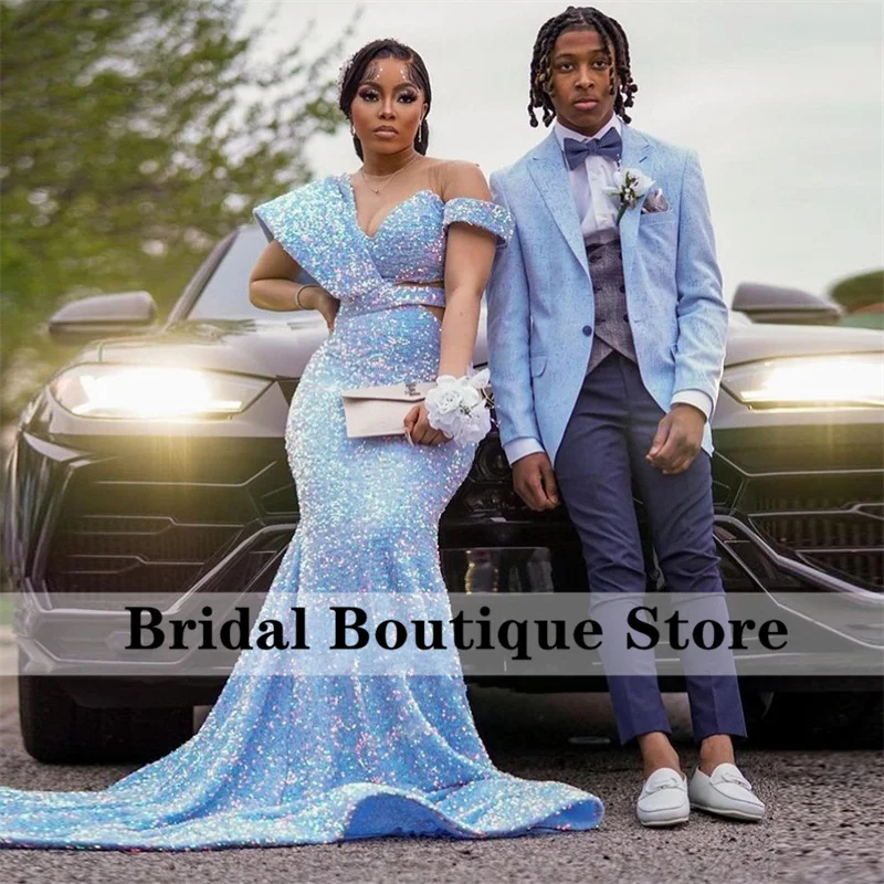 

Sparkly Blue Mermaid Prom Dress 2023 Crystal Sequins Sheer Neck Birthday Evening Party Dress Wedding Reception Gown Robe De Bal