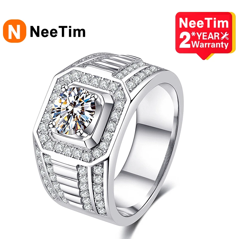 NeeTim Moissanite Ring For Men Sterling Silver Platinum Plated Ring Lab Diamond Men's Rings Wedding Jewelry With GRA Certificate