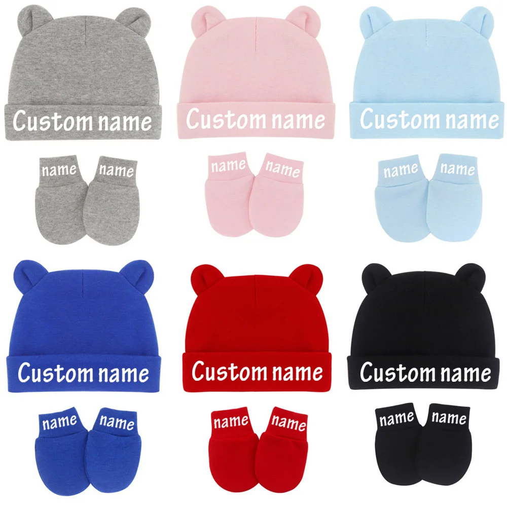 

Custom Name Newborn Baby Beanies Cute Baby Hat & Mittens With Ears Cotton Stretchy Boys Girls Warm Cap Gloves Baby Shower Gifts