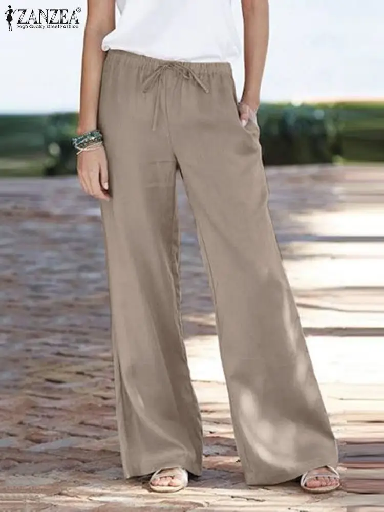 

ZANZEA Summer Wide Leg Pants Women Elastic Waist Solid Long Trousers Vintage Cotton Palazzo Female Loose Holiday Pantalon 2023