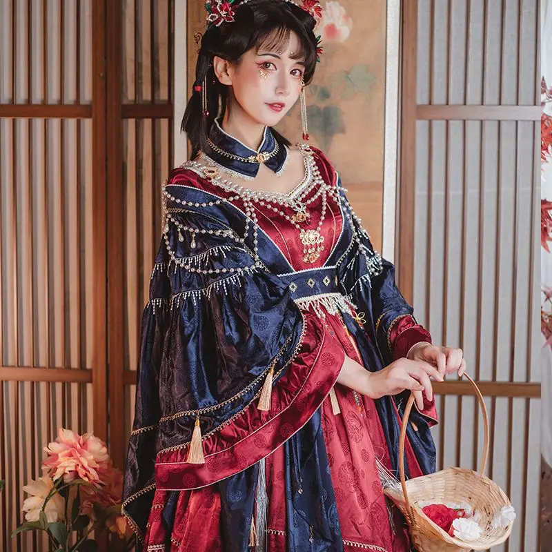 

Платье Lolita с длинными рукавами и романтическими кисточками, великолепное и милое красное и голубое