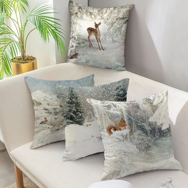 

Рождественский чехол для подушки, Рождественский олень в снежном лесу, чехол для подушки для домашнего дивана, декоративный короткий плюше...