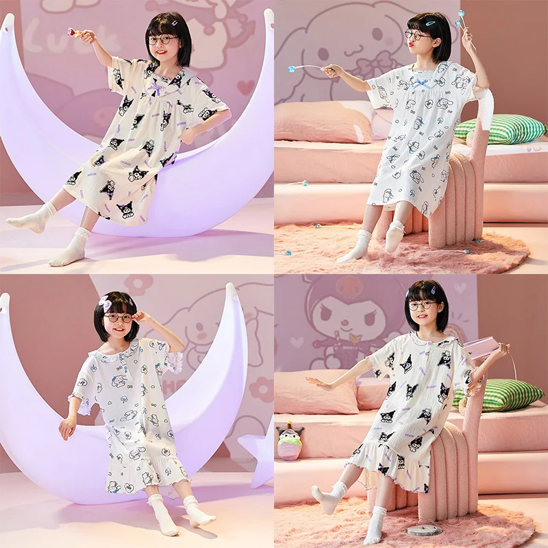 

Детская Пижама Sanrios, летнее платье для девочек, милая мультяшная ночная рубашка с коротким рукавом Kuromi Cinnamoroll, платье для родителей и детей, д...