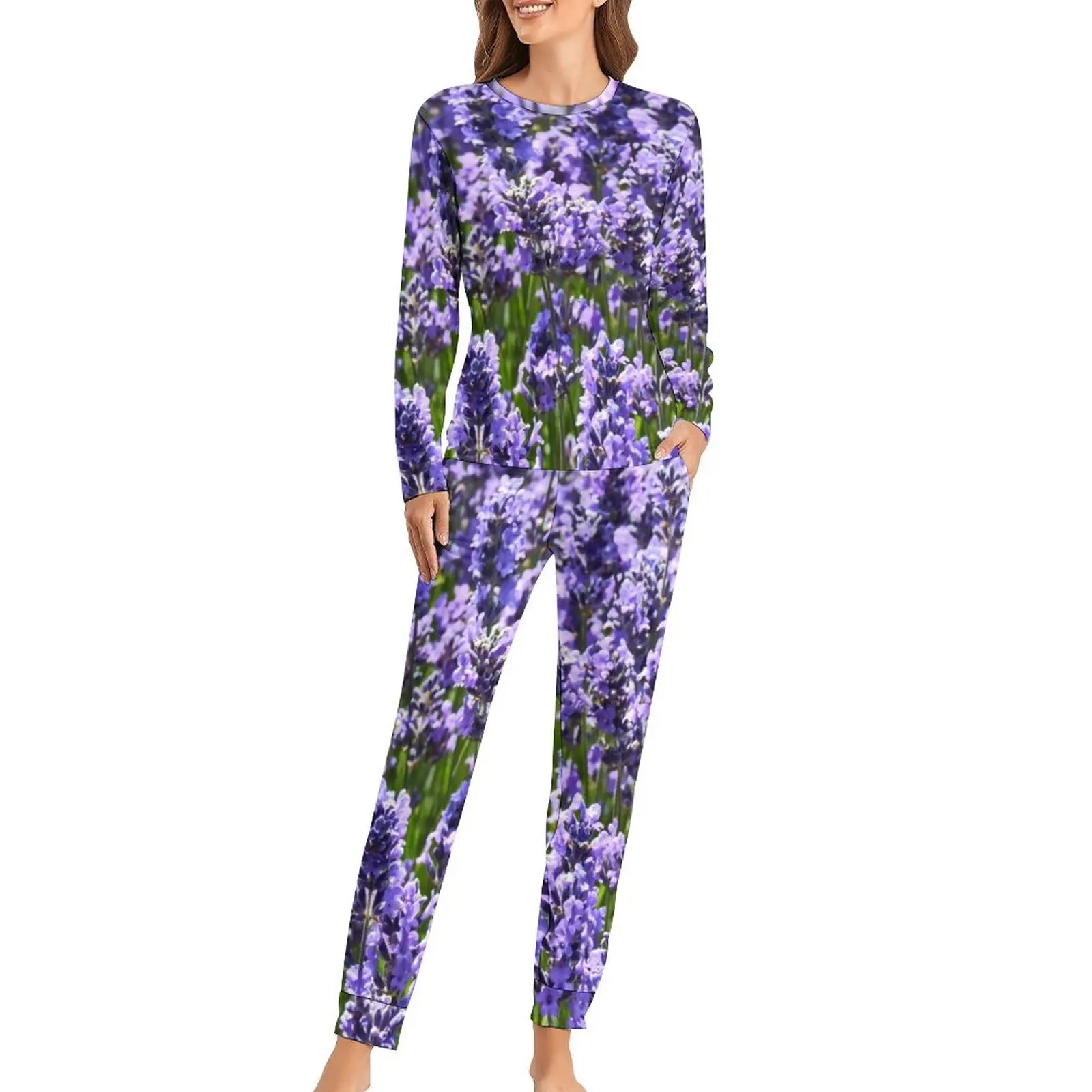 

Lovely Lavender Pajamas England Nature Purple Flowers Bedroom Oversized Nightwear Lady Long Sleeves Graphic Kawaii Home Suit