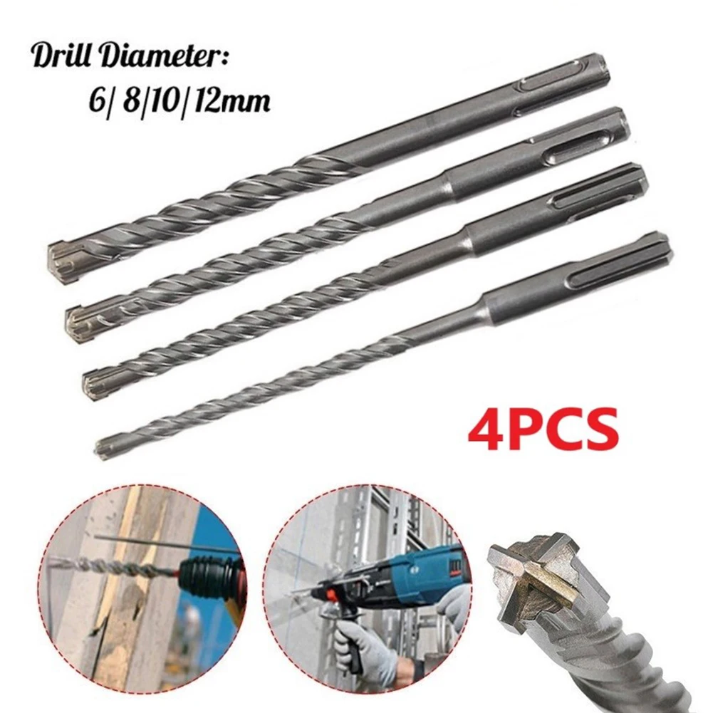 

4pcs Electric Hammer SDS Plus Drill Bit 6/8/10/12mm For Concrete Wall Brick Block Masonry Through-Wall Alloy Hammer Drilling Bit